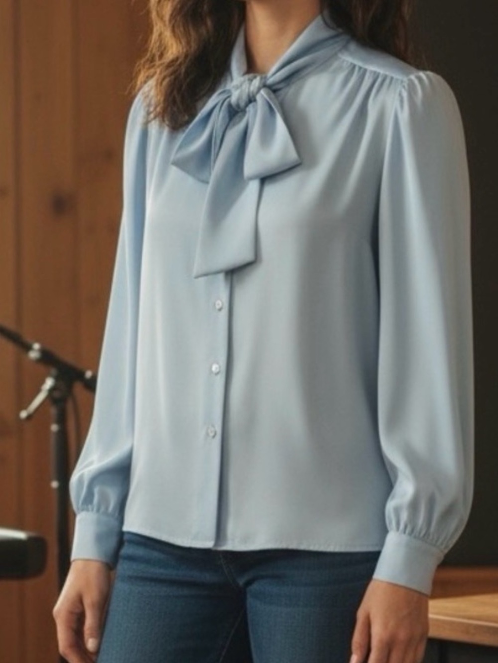 STYLE & CO. Vintage P. Tie Blouse/Removable Tie, Puffy Sleeves, Shoulder Pads